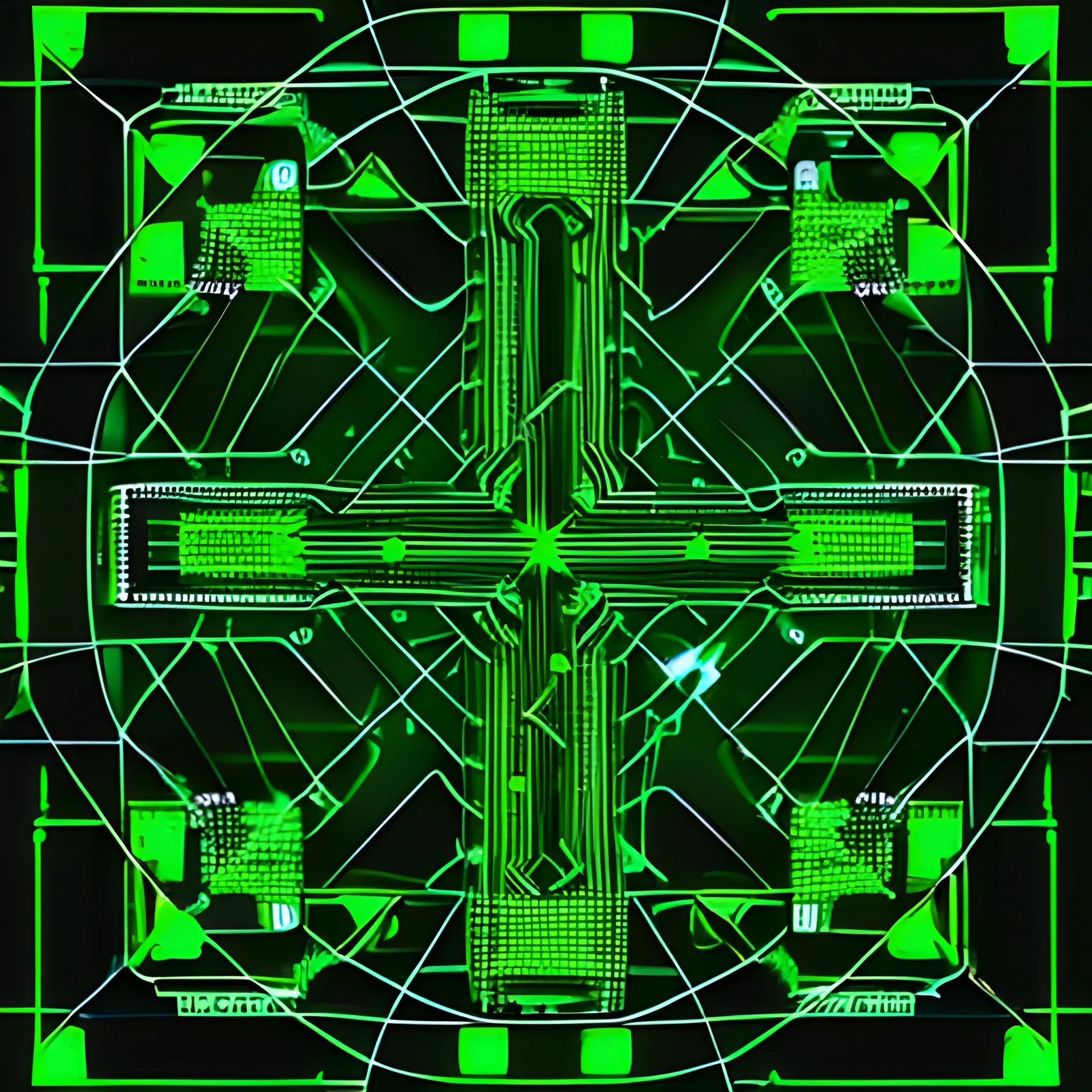 Being an expert digital illustrator, create an image in an electric green tone that represents the mapping of a computer network