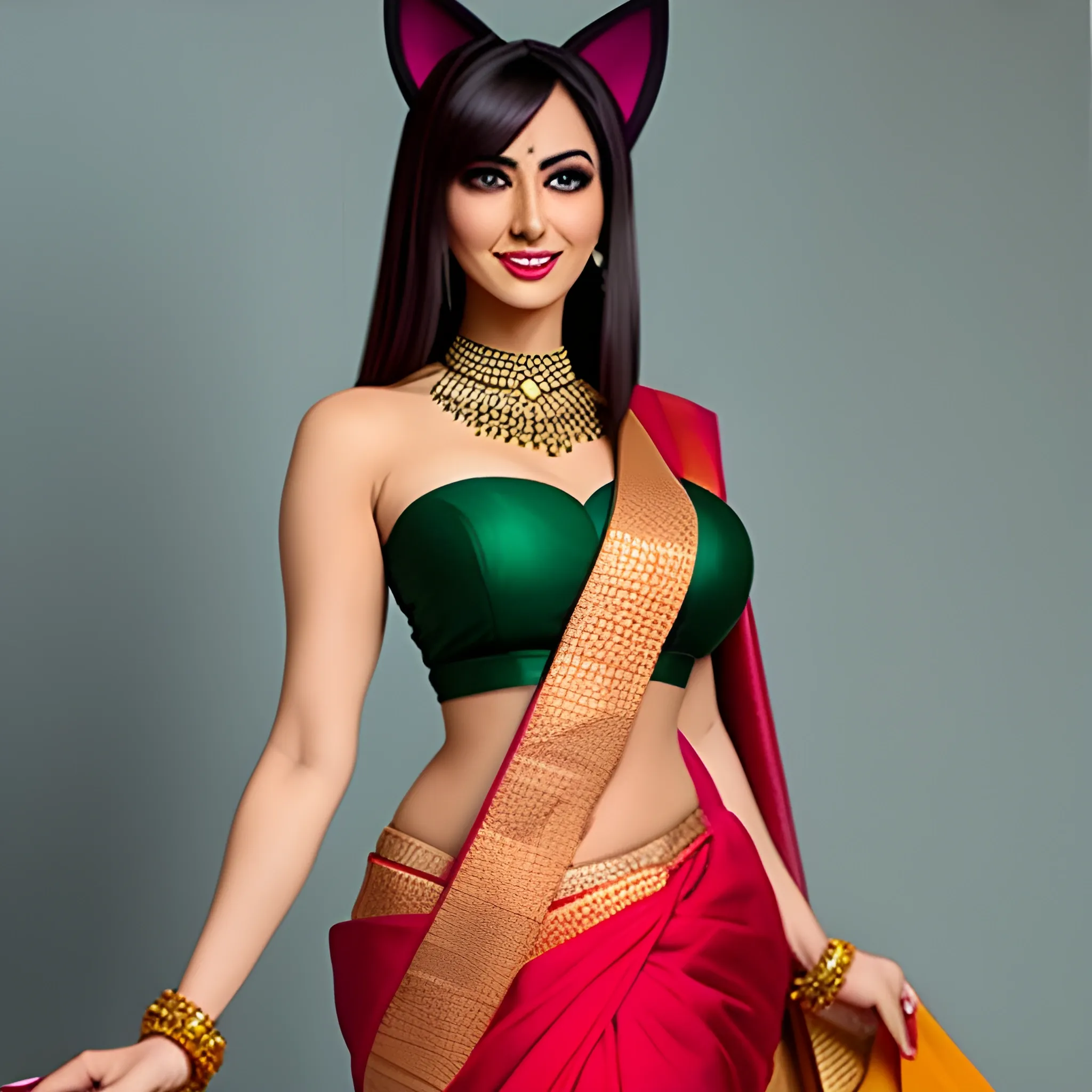 Anime girl with cat tail and ears, she is wearing an indian saree
