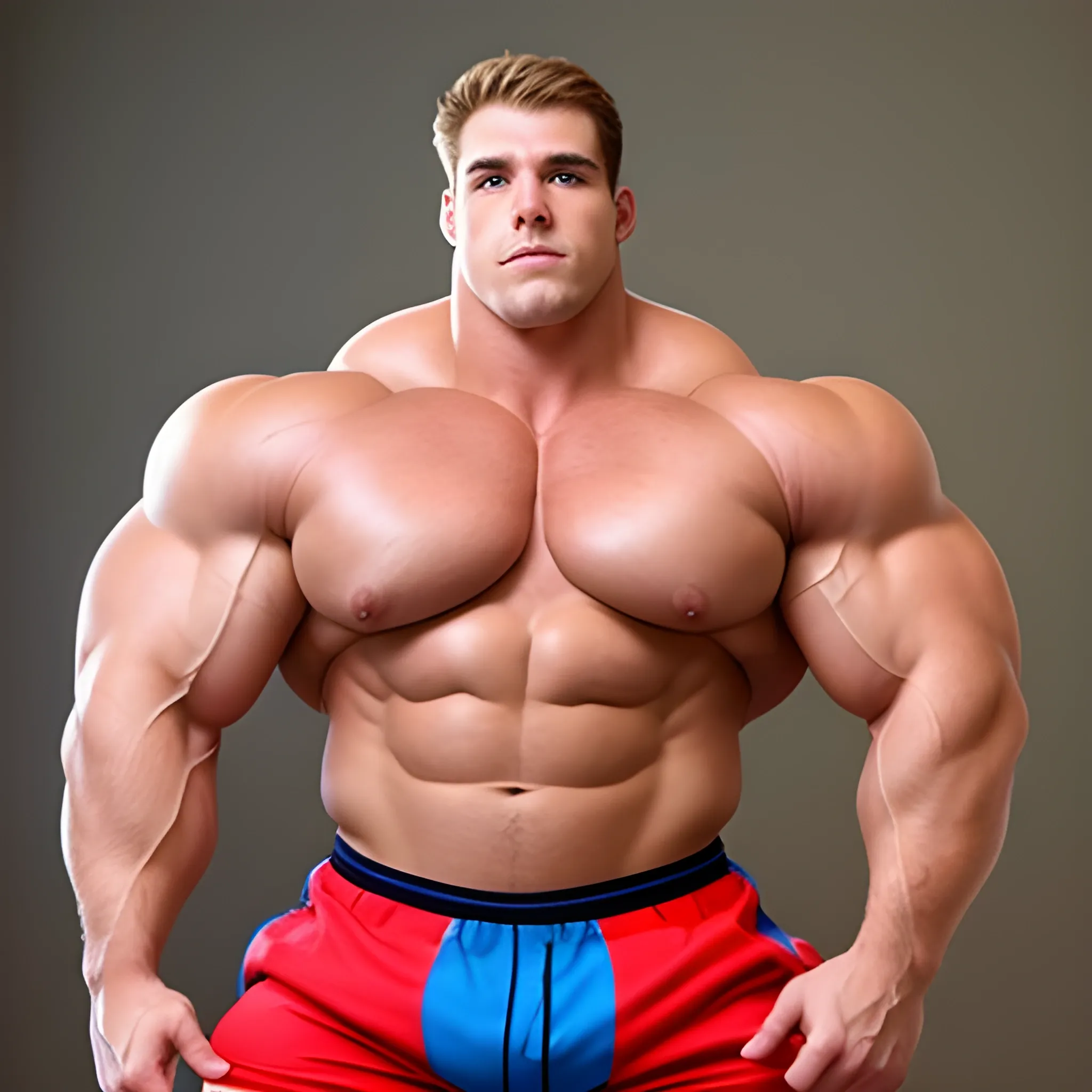 Giant male bodybuilder with giant bulge in shorts