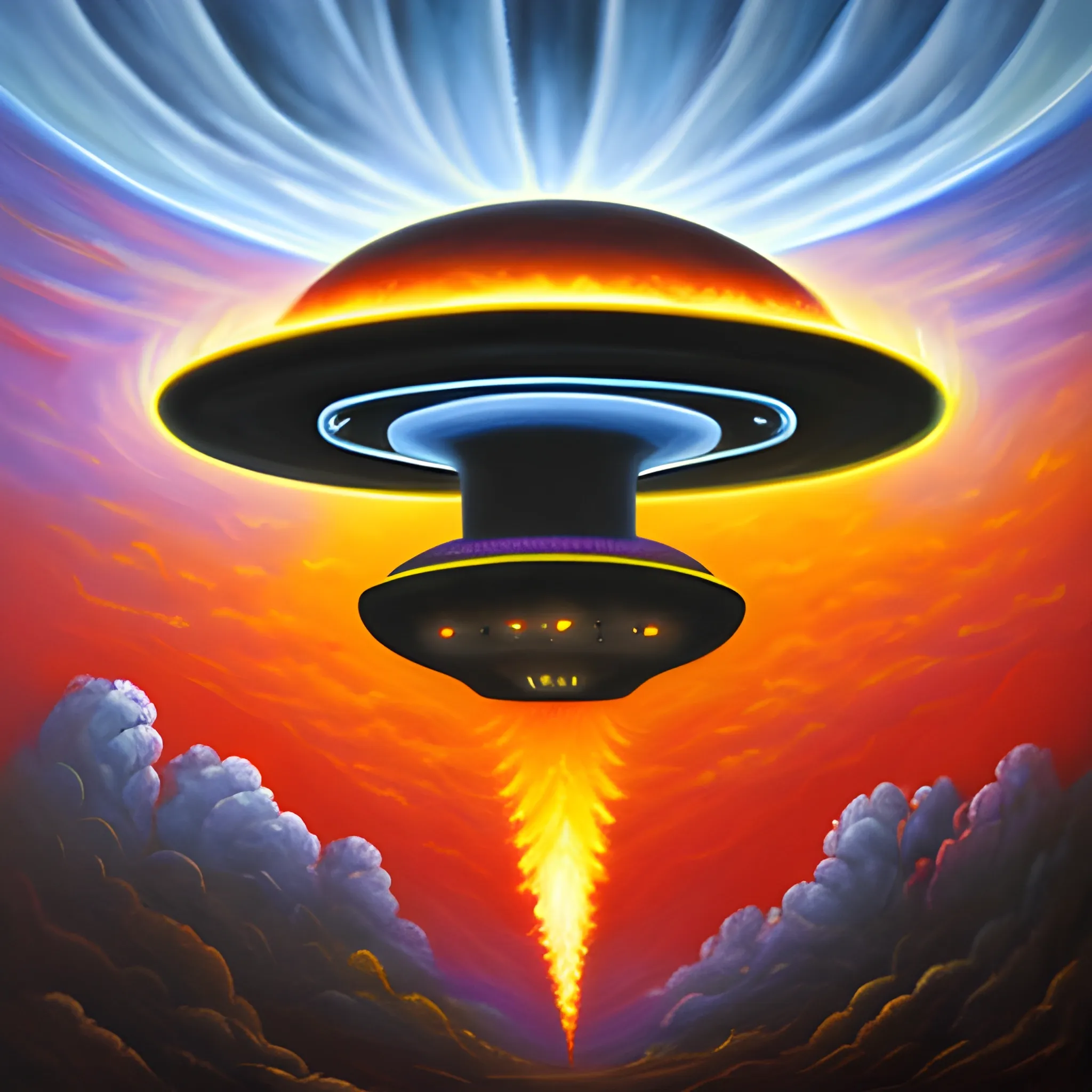 UFO descending from the heavens of fire, Oil Painting