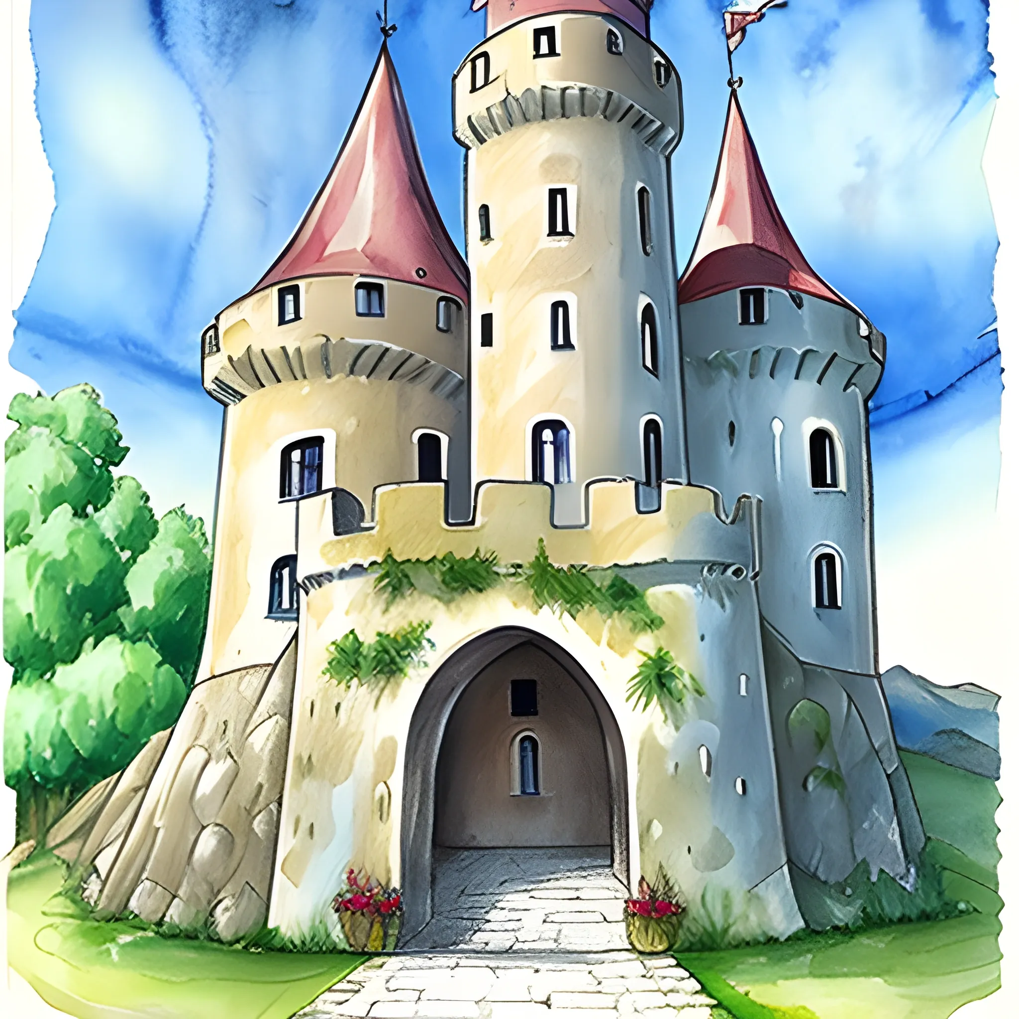 castle medieval, simple, romanic, occitan, easy to draw, Water Color