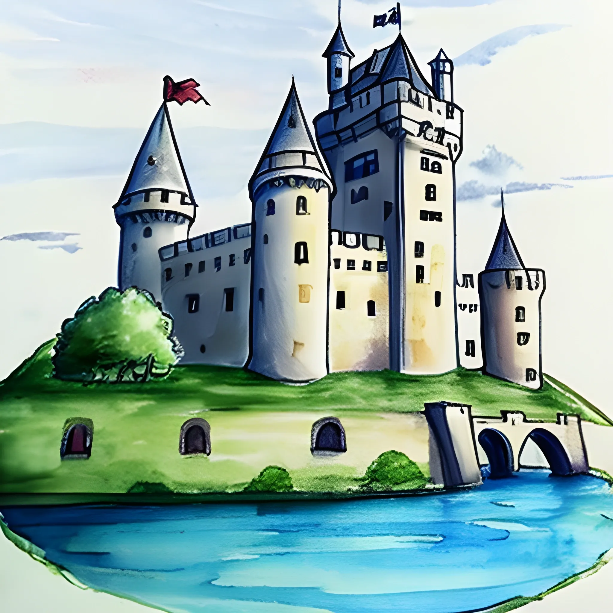 castle medieval, simple, romanic, easy to draw, Water Color