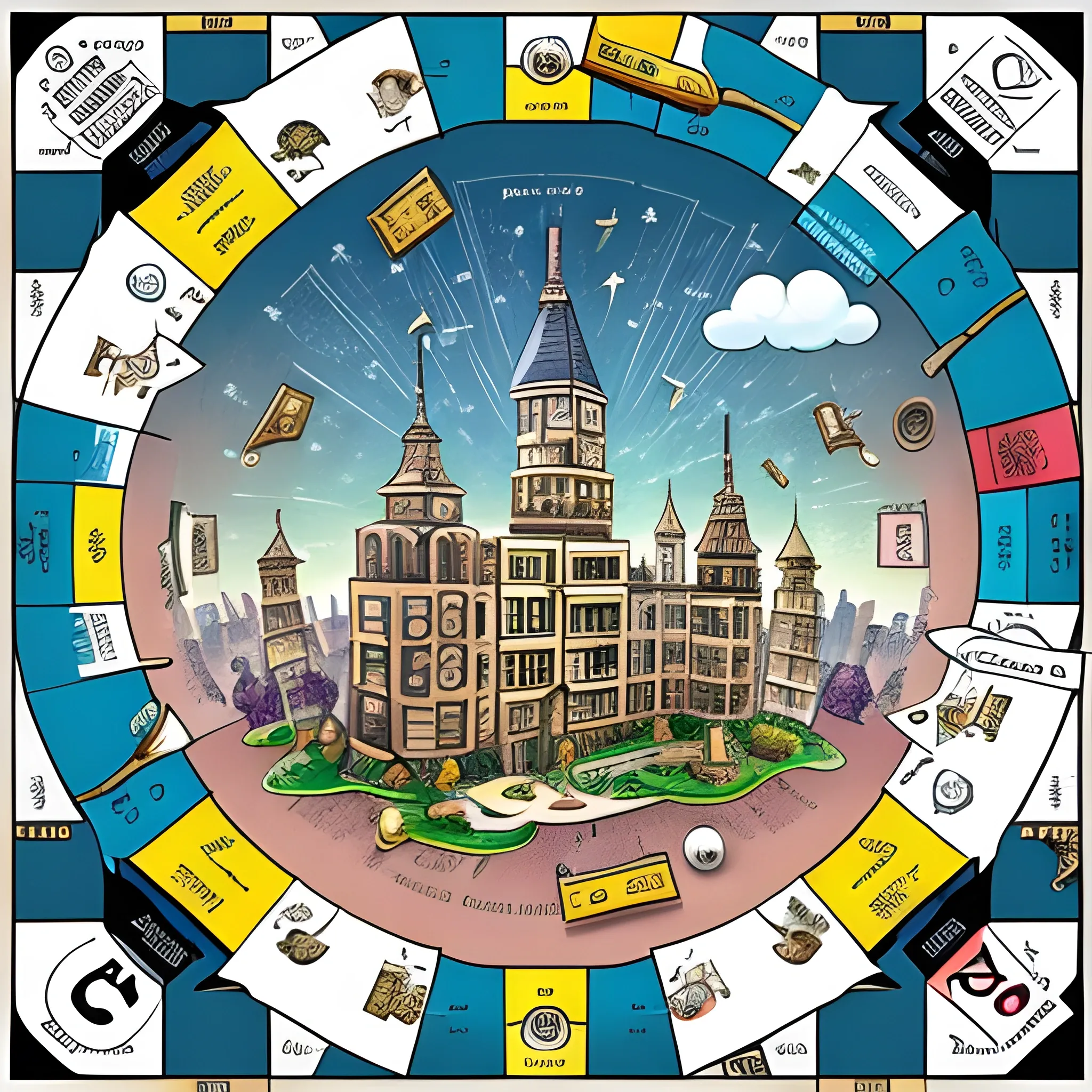 Main scene:
Mc Monopoly: With his monocle and top hat, Mc Monopoly holds a giant dice in his hand, resting against the ground. The dice is colorful, with numbers that appear to glow, and adds a playful touch to the scene.
Innovative elements:
Miniature Buildings: Around them, there are miniatures of iconic buildings. These buildings are illuminated with bright lights, creating a magical and attractive effect.
Bill Trail: The floor of the board is covered with a bill trail that stretches towards the horizon, as if leading to new adventures. Cartoon, Pencil Sketch