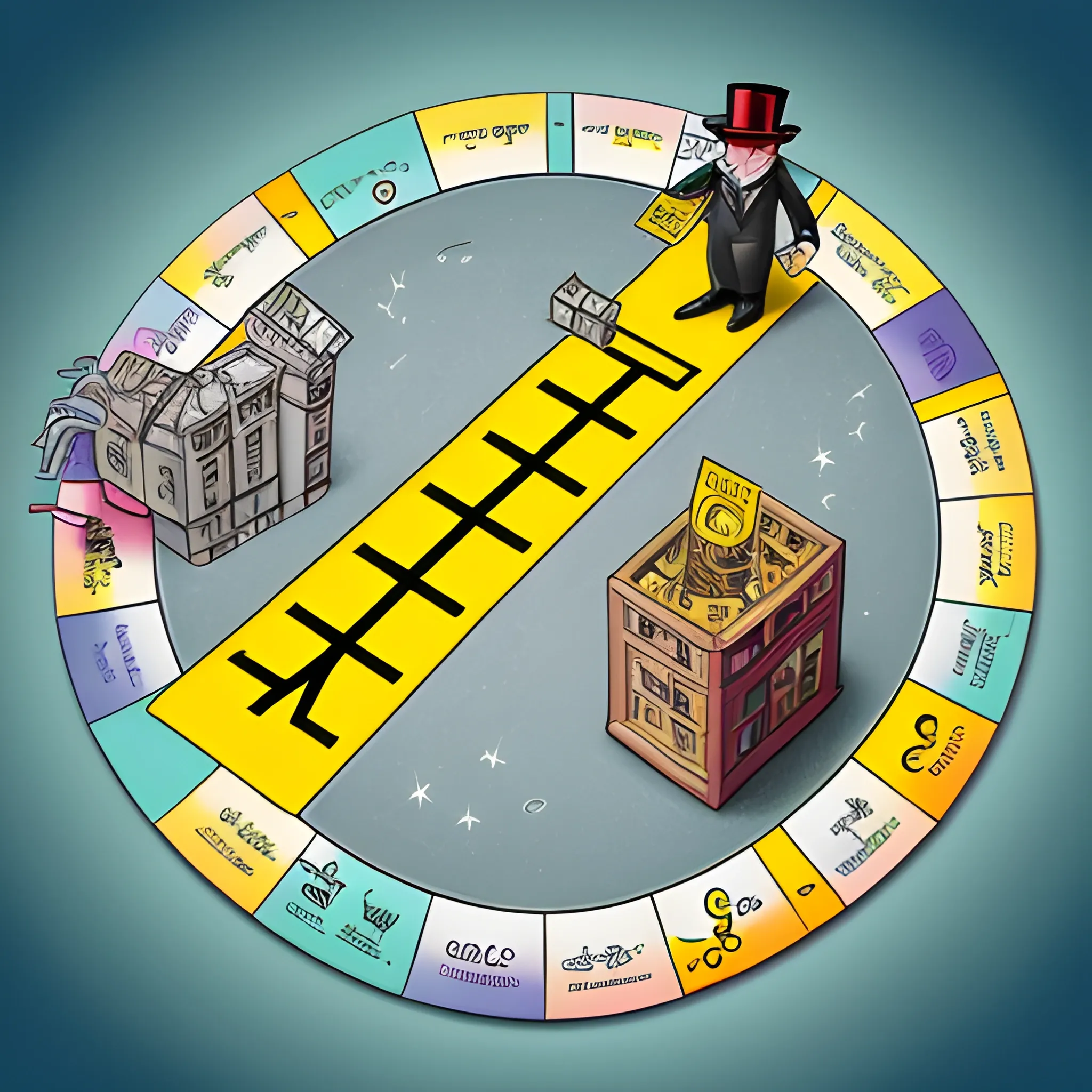 Main scene:
Mc Monopoly: With his monocle and top hat, Mc Monopoly holds a giant dice in his hand, resting against the ground. The dice is colorful, with numbers that appear to glow, and adds a playful touch to the scene.
Innovative elements:
Miniature Buildings: Around them, there are miniatures of iconic buildings. These buildings are illuminated with bright lights, creating a magical and attractive effect.
Bill Trail: The floor of the board is covered with a bill trail that stretches towards the horizon, as if leading to new adventures. Cartoon, Pencil Sketch