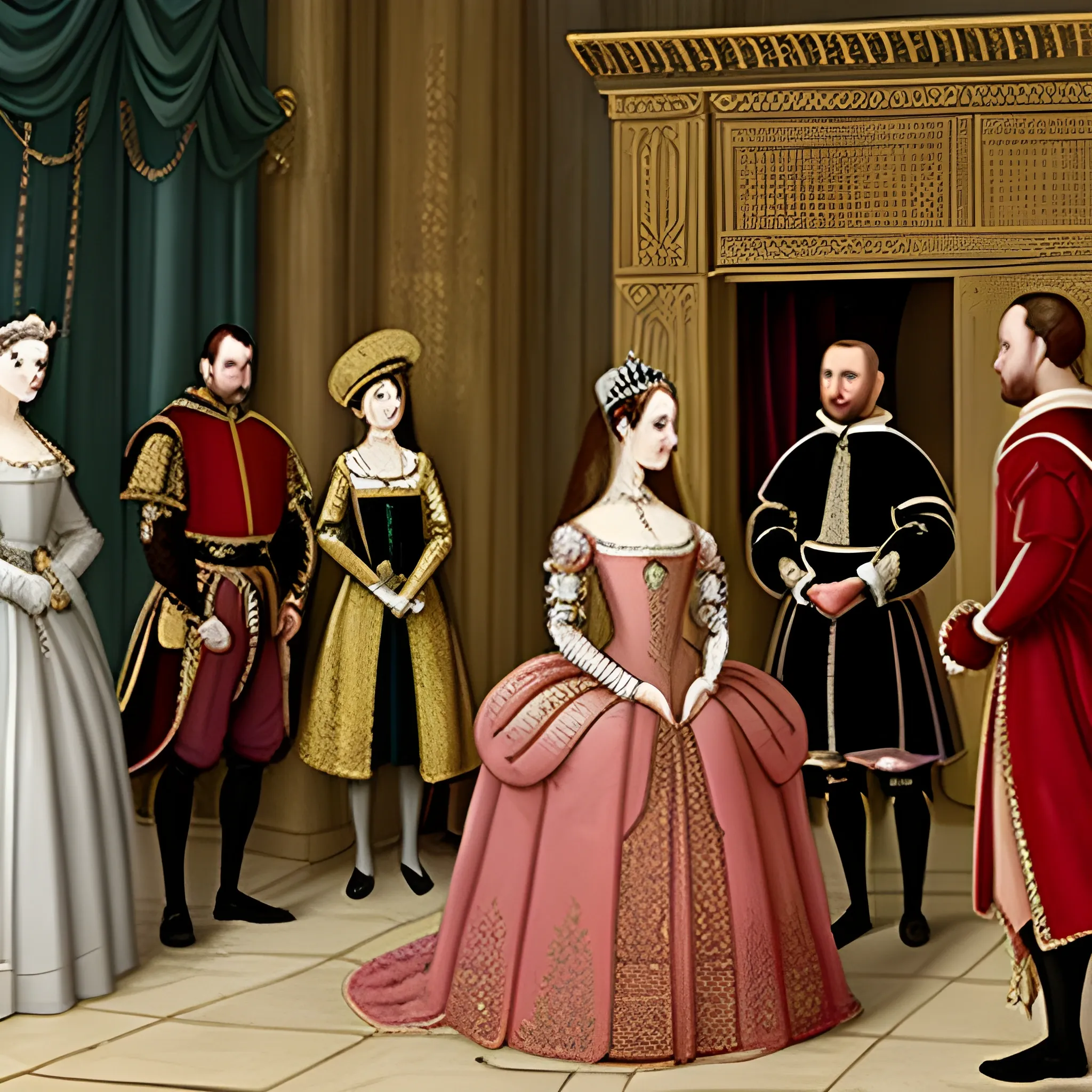 Grand court scene where Anne Boleyn stands confidently in a lavish dress, smiling as she catches the attention of Henry VIII. Henry should look captivated, while the courtiers in the background whisper and react with shock.