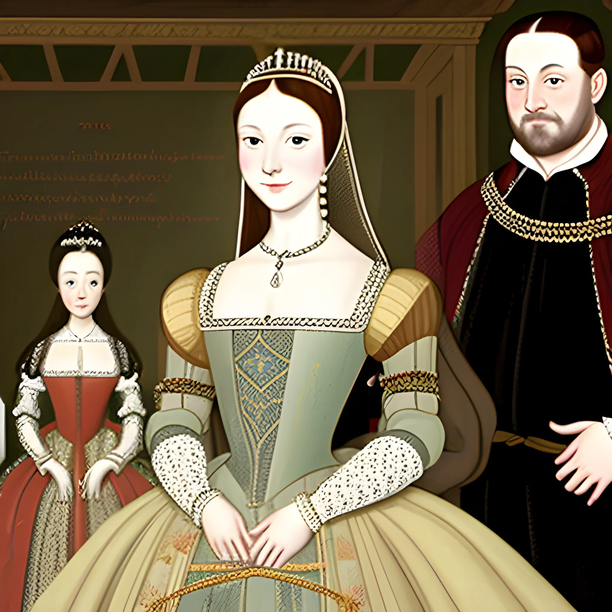 Grand court scene where Anne Boleyn stands confidently in a lavish dress, smiling as she catches the attention of Henry VIII. Henry should look captivated, while the courtiers in the background whisper and react with shock., Cartoon