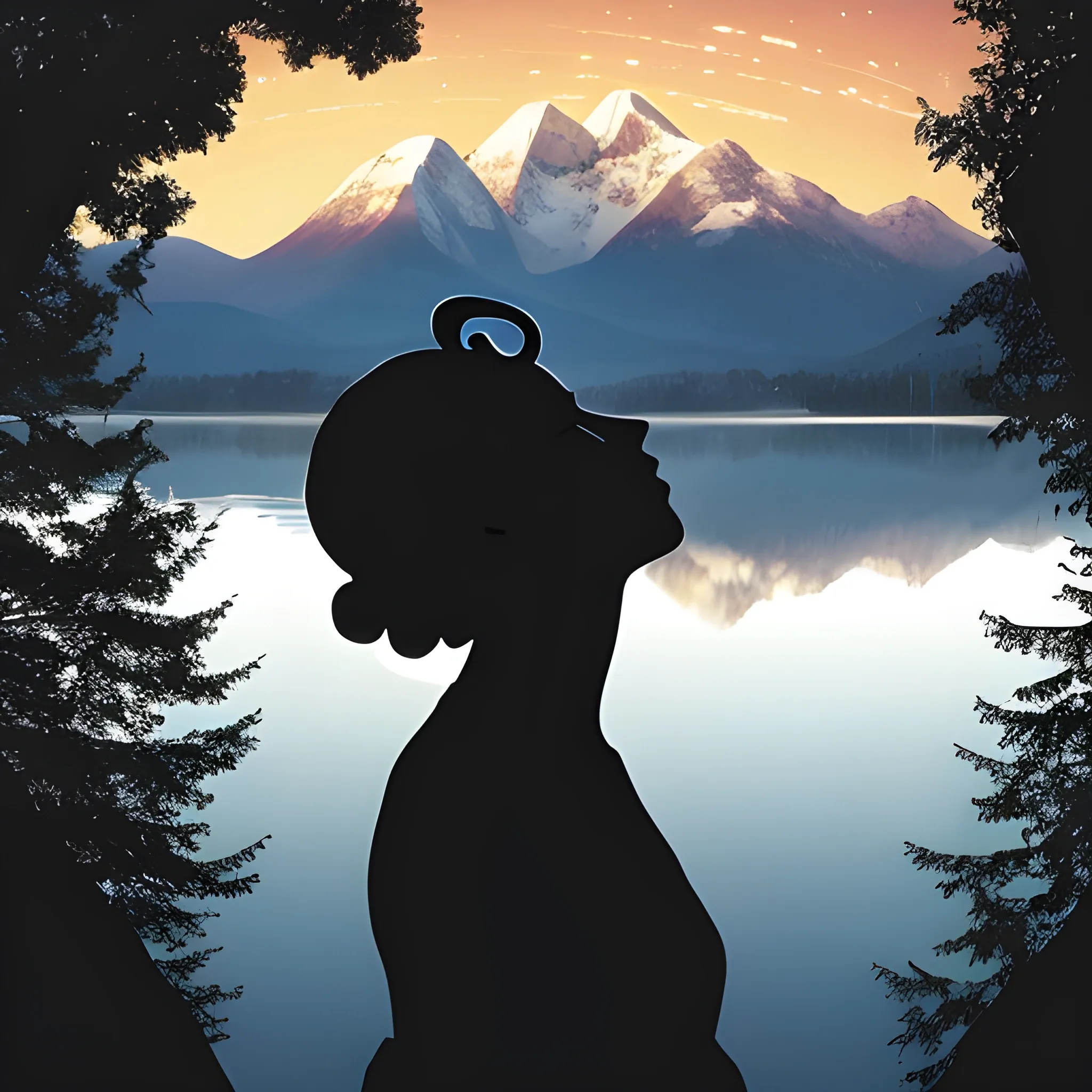 A side profile of a silhouette of a person looking up to the sky. There are floating music notes around the persons head in a halo. The background is a serene landscape with mountains, trees, and a body of water. The sky has a warm hue. The text "Music is Healing" is placed below the silhouette. The overall image has a warm tone.