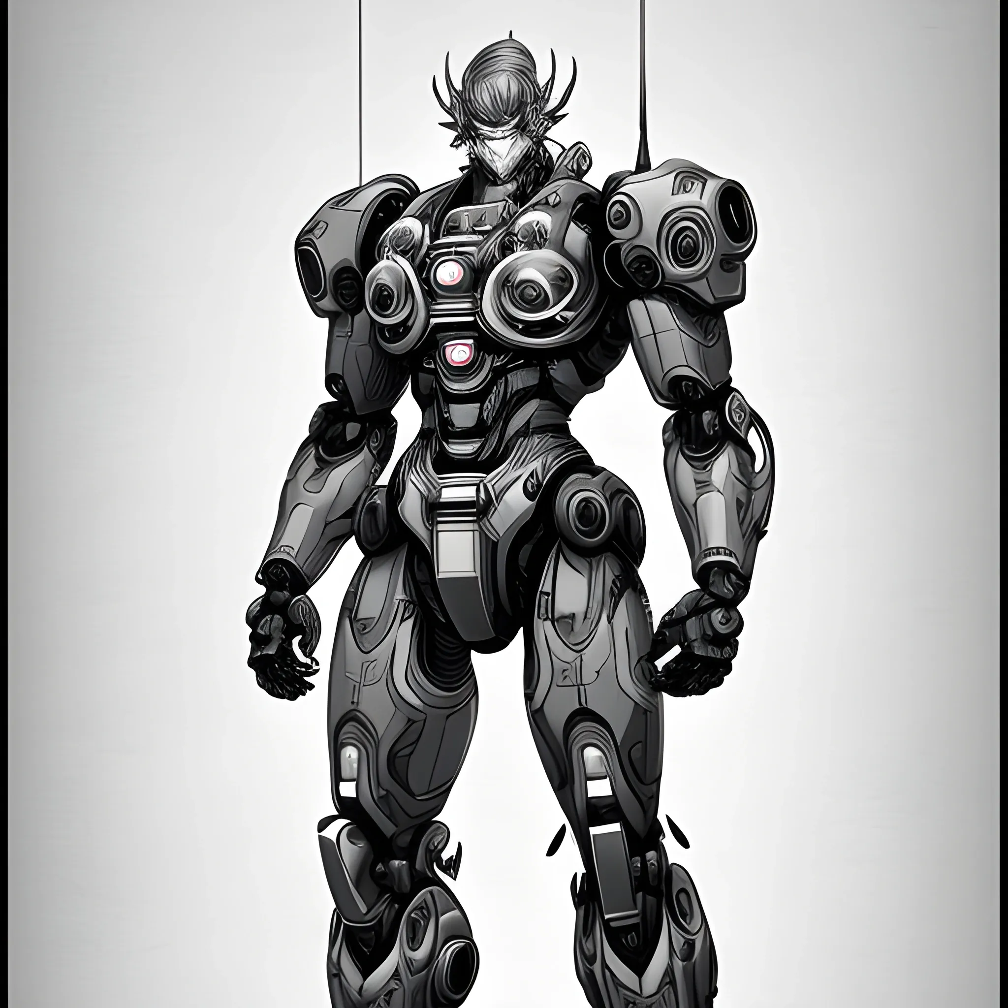 full body illustration male cyborg, highly detailed, sumi - e art, suiboku - ga ink, by kim jisu, pen and ink monochrome, mecha, deviantart, artstation, pinterest