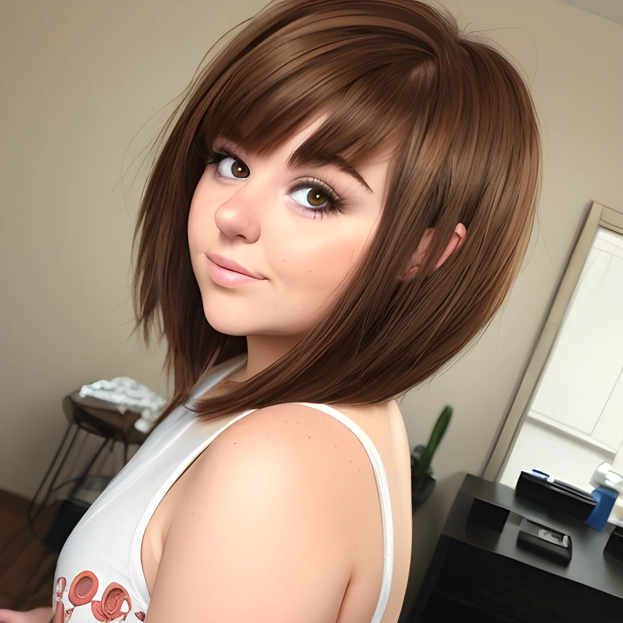 Short thick woman with brown hair SFW