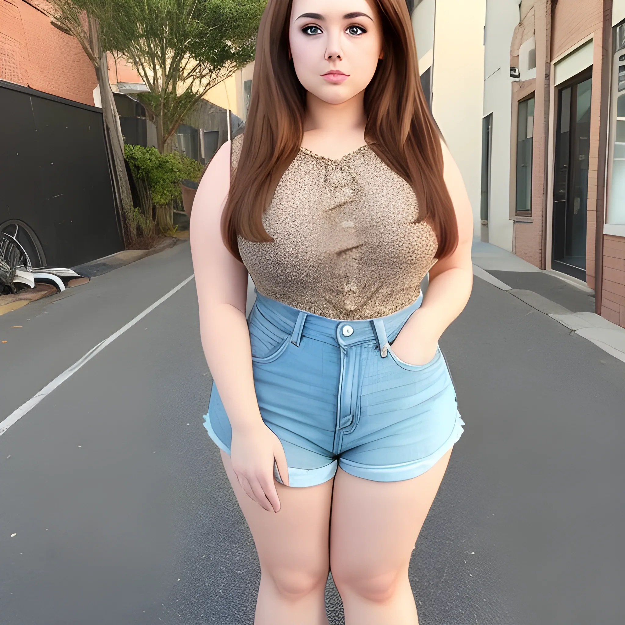 Short thick woman with brown hair SFW