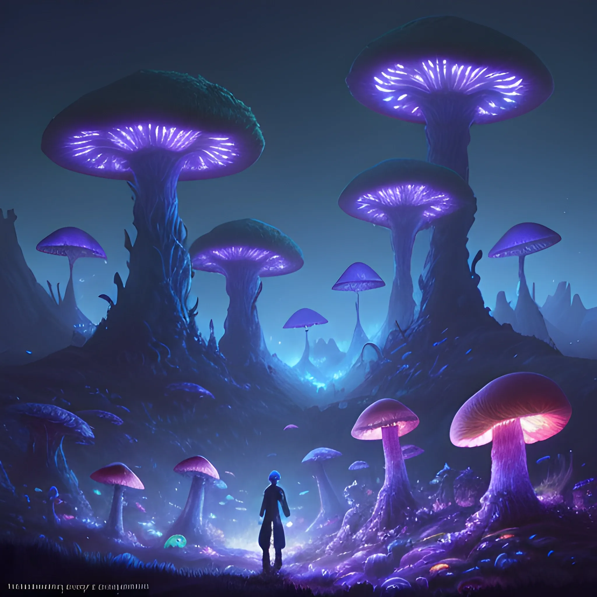 concept art painting of a fantasy alien fungal landscape at night, with glowing blue lights, glowing blue mushrooms, dark purple sky, realistic, detailed, cel shaded, in the style of makoto shinkai and greg rutkowski and albert bierstadt and james gurney , Trippy, Trippy