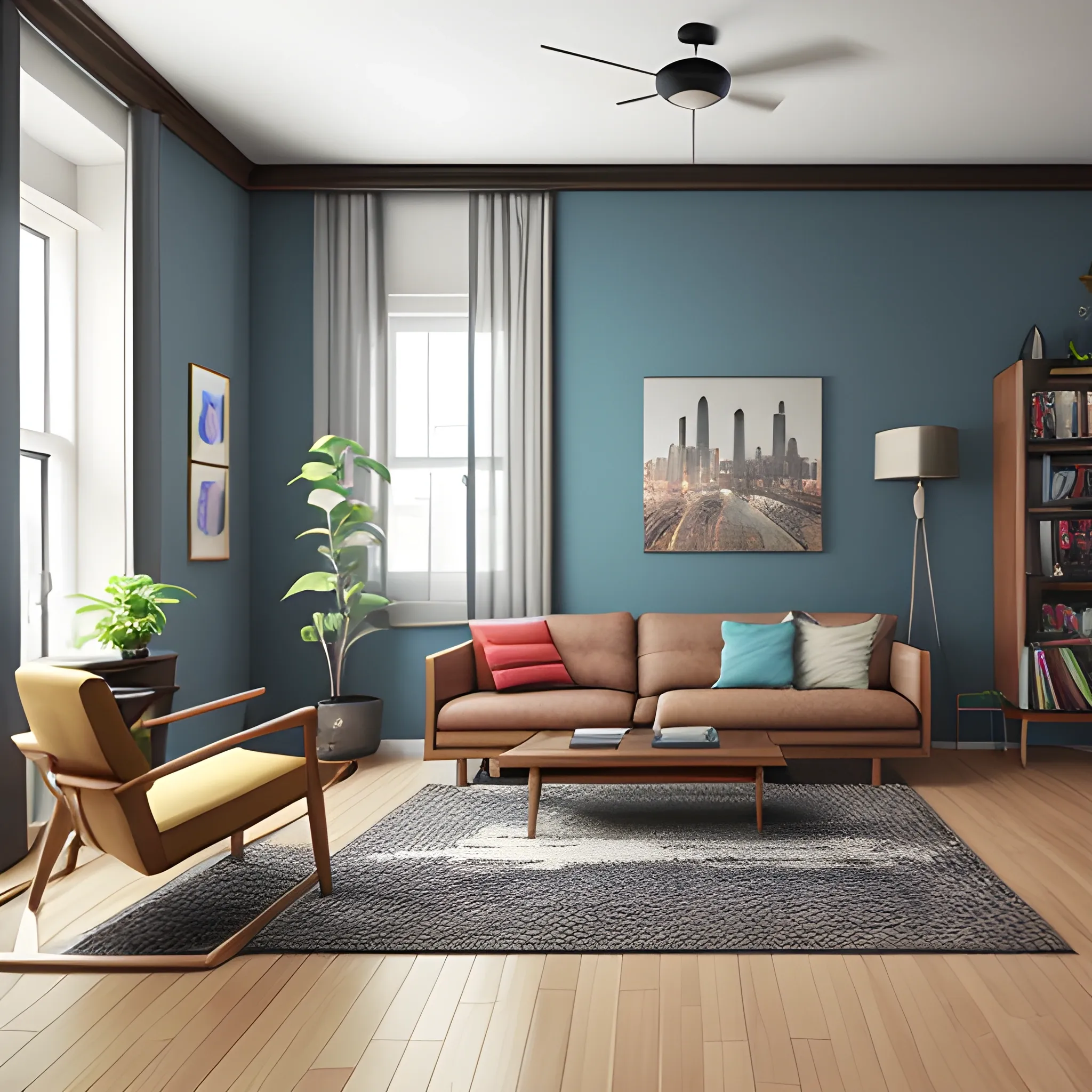 a detalied 3 d render of a city artsy living room, with a few design objects and mid-century furniture, photorealism