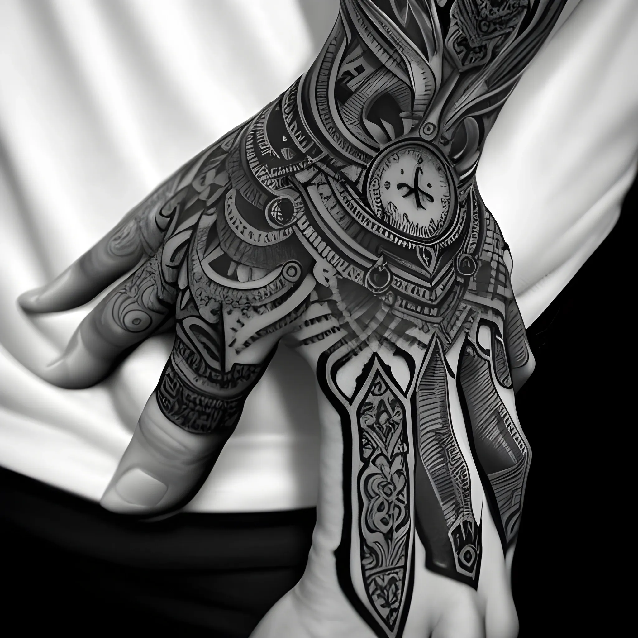 Create an intricate black and white arm tattoo that includes symbolic elements associated with Natural Selection, Freedom and Madness. The tattoo should be dynamic, expressive and convey strong emotions while demonstrating creativity. Please describe the detailed design, including placement on the hand, shape, size and style, and specific elements used to represent the requested themes