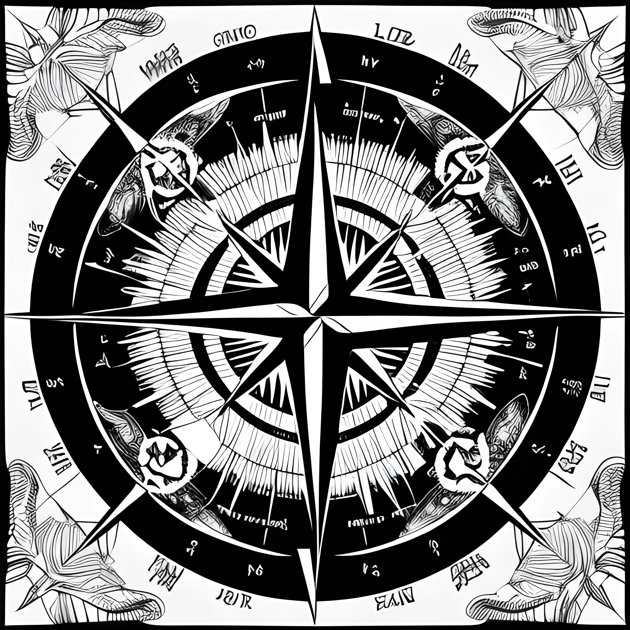 Create a black and white abstract illustration of a compass with wings entwined by a snake, conveying an atmosphere of madness