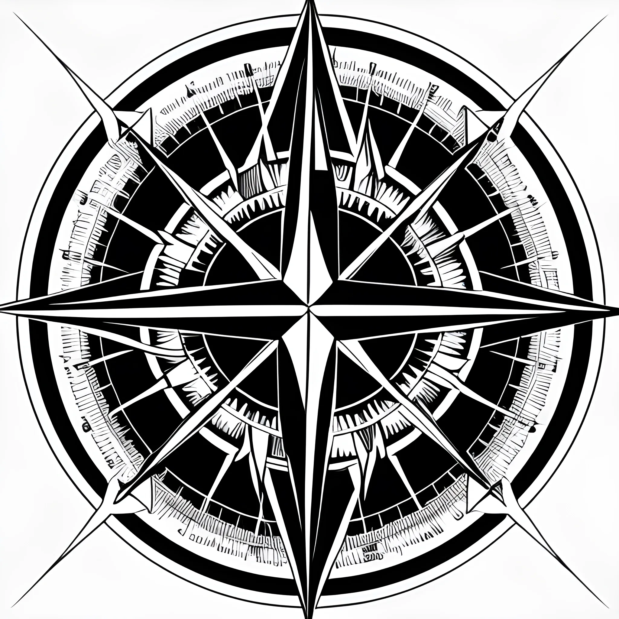 Create a black and white abstract illustration of a compass with two less noticeable wings, featuring a dangerous-looking snake prominently entwined around the compass, conveying an atmosphere of madness.