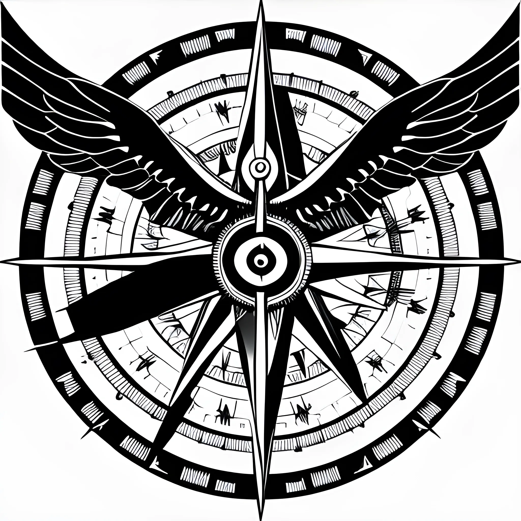 Create a black and white abstract illustration of a compass with two subtle wings, prominently featuring a dangerous-looking snake wrapped around the compass, conveying an atmosphere of madness.