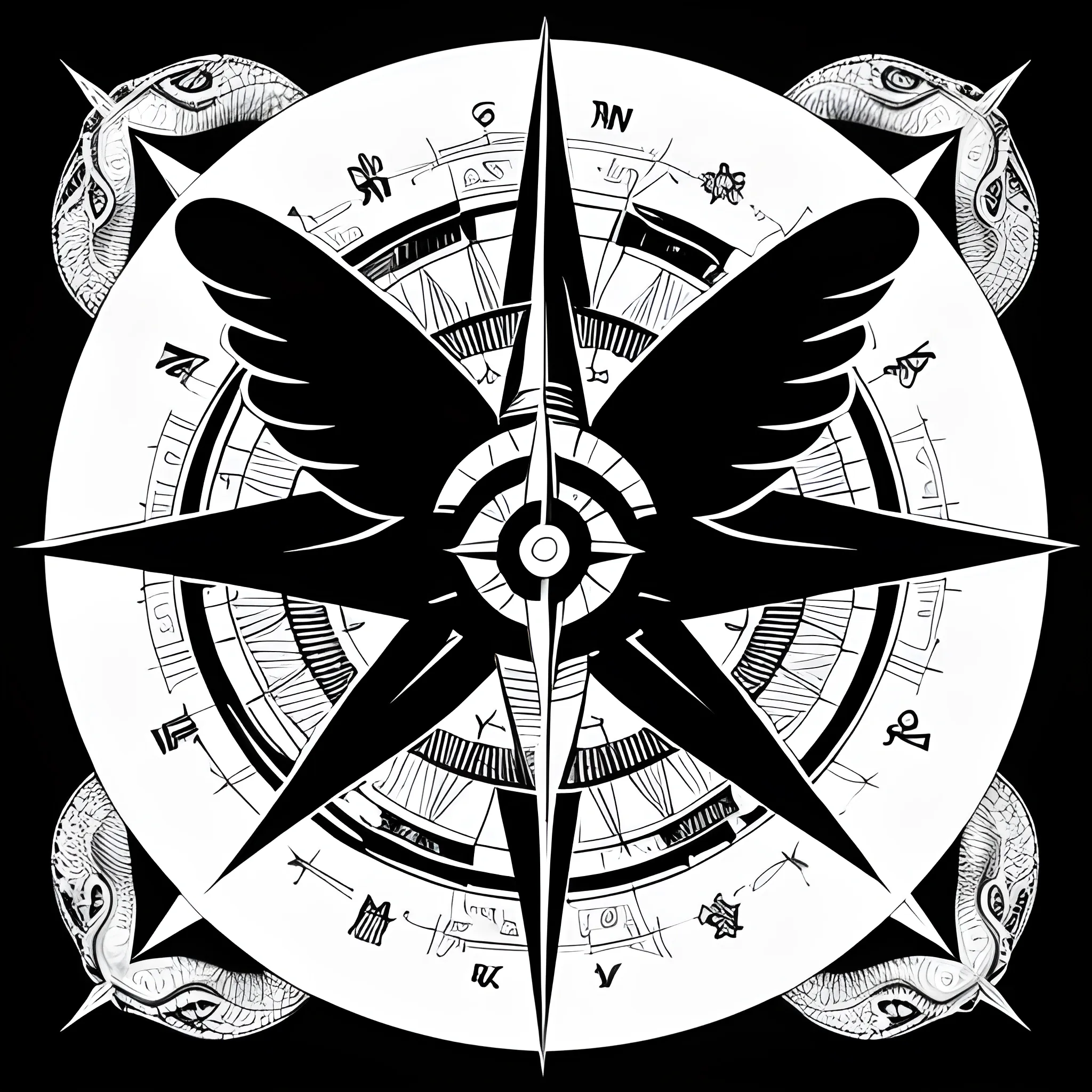 Create a black and white abstract illustration of a compass with two subtle wings, with a large, dangerous-looking snake prominently and vividly wrapped around the compass, conveying an atmosphere of madness.