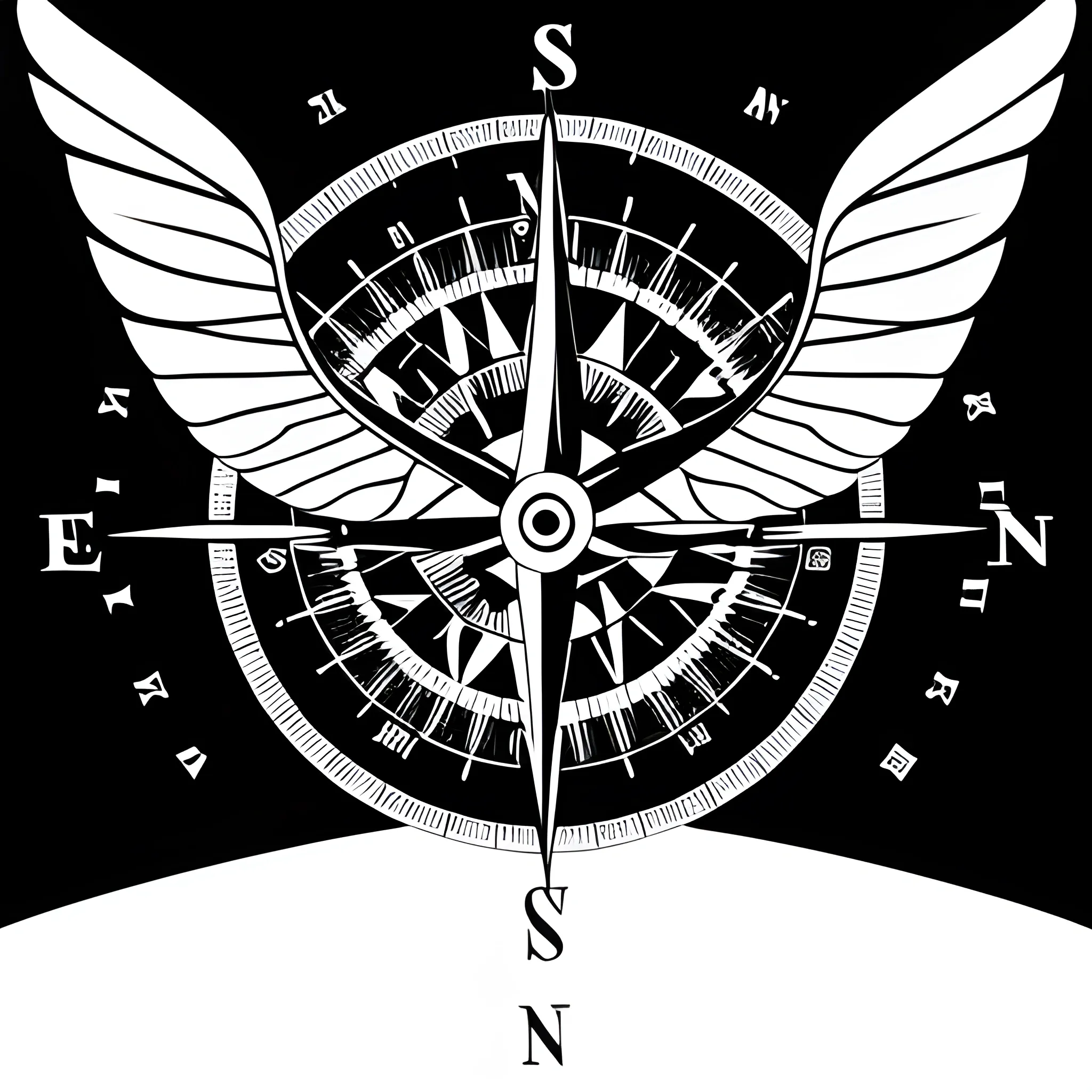 Create a black and white abstract illustration of a compass with two subtle wings, featuring a large, dangerous-looking snake wrapping around the compass in a circular motion, conveying an atmosphere of madness