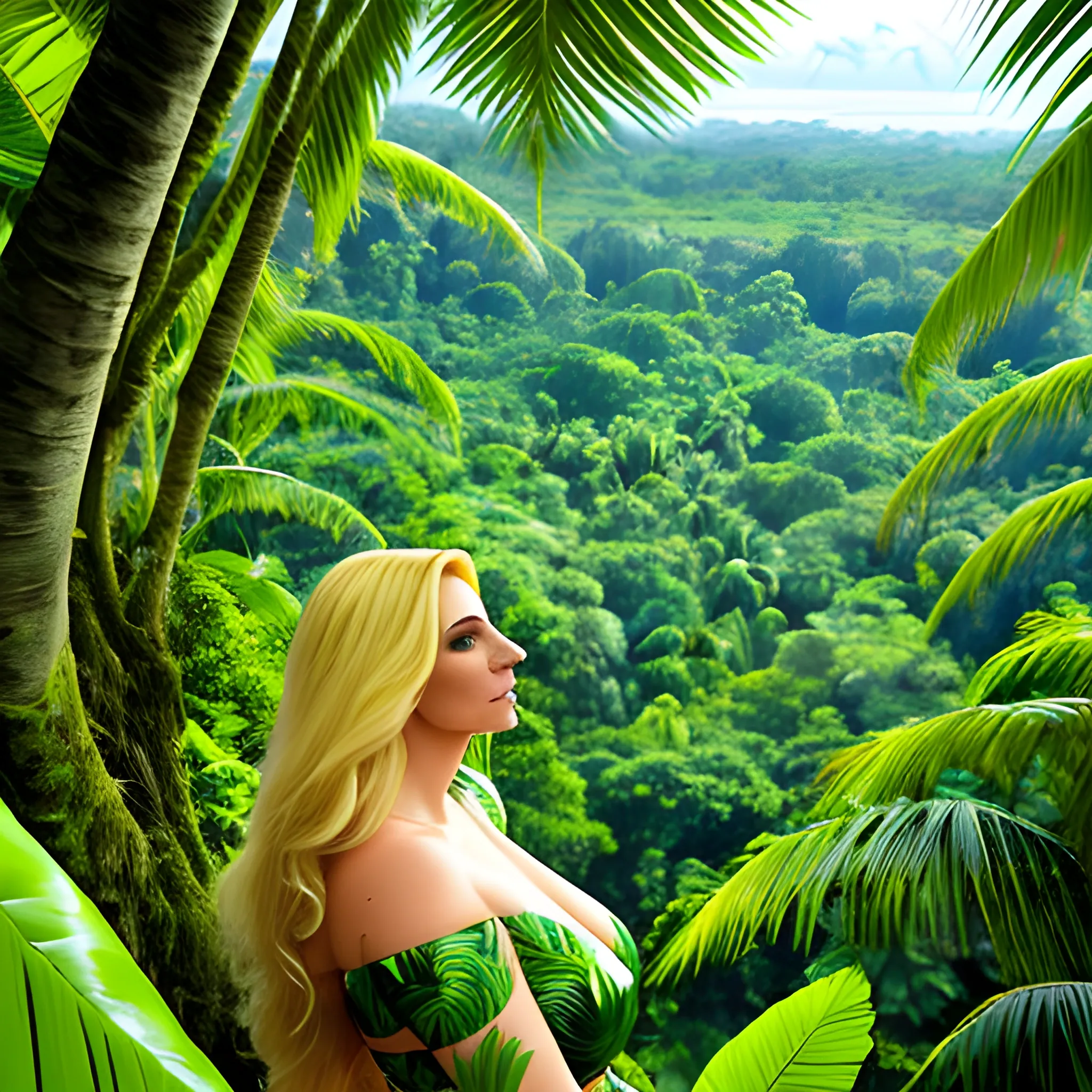 big beautiful blonde girl looking down from under the treetops, standing in lush green tropical nature