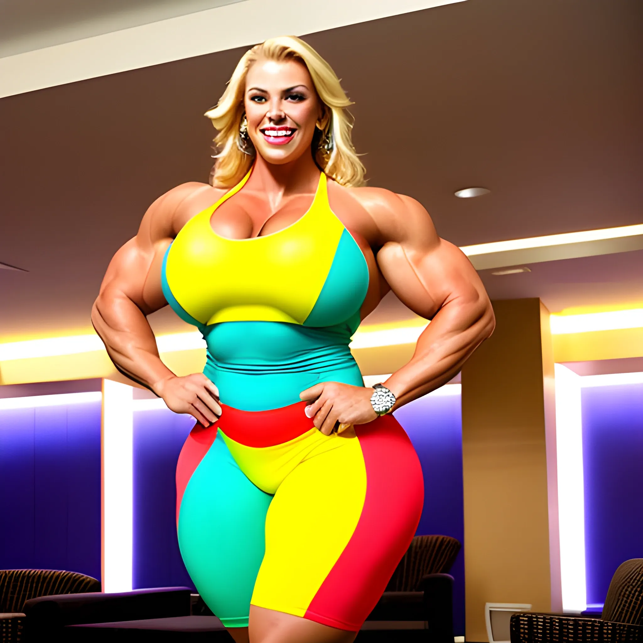 big, beautiful muscular plus size and tall blonde girl, a female bodybuilder and heavy athlete, gently smiling, dressed in a colorful tight short dress, towerring in a hotel lobby under the ceiling