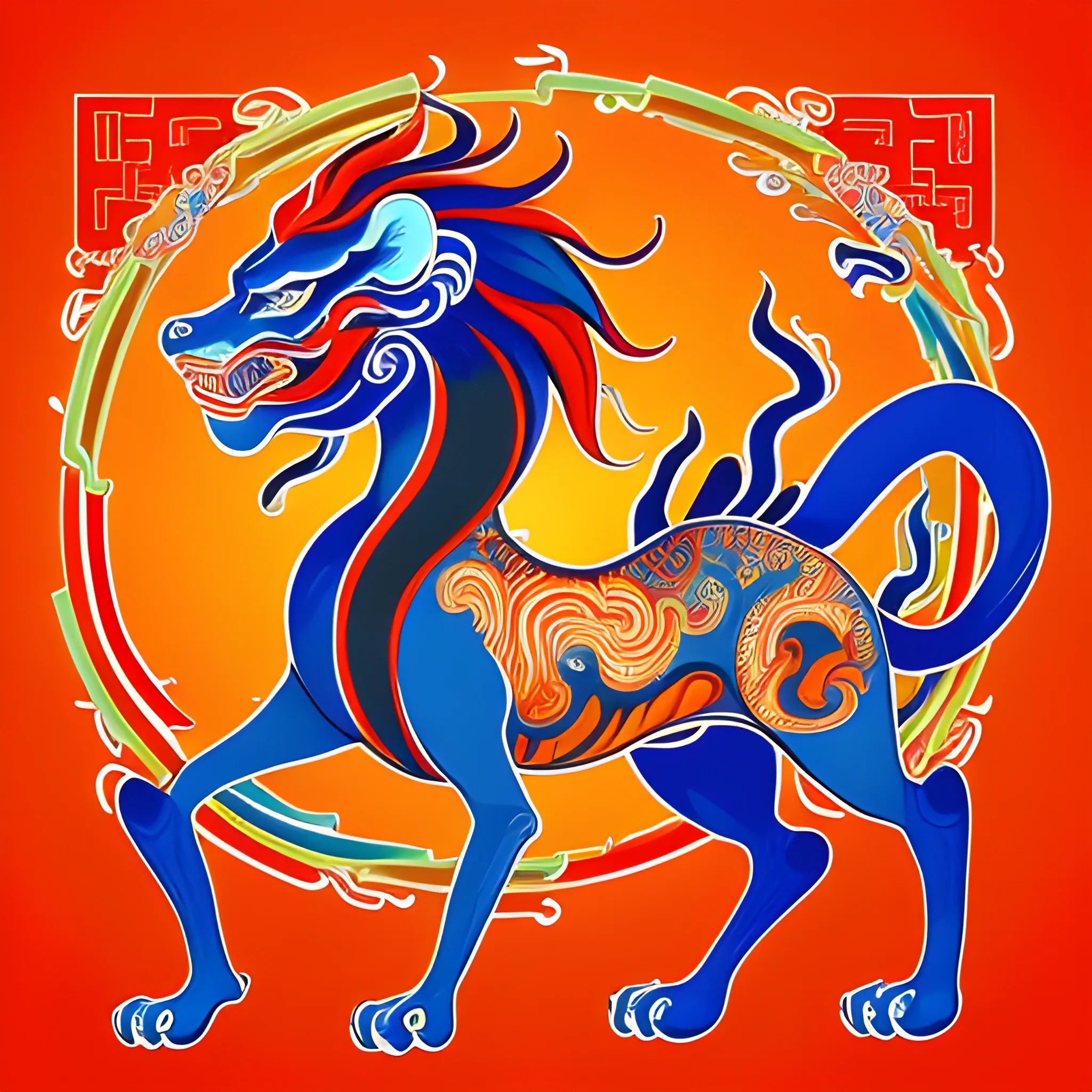 A highly detailed and vibrant illustration of a Chinese mythical creature, blending traditional cultural motifs with modern, dynamic design. The artwork features flowing lines, contrasting colors of blue, orange, and red, and intricate patterns that evoke a sense of movement and energy. The creature, resembling a lion or qilin, symbolizes good fortune, prosperity, and strength, presented in a bold and contemporary artistic style., Cartoon