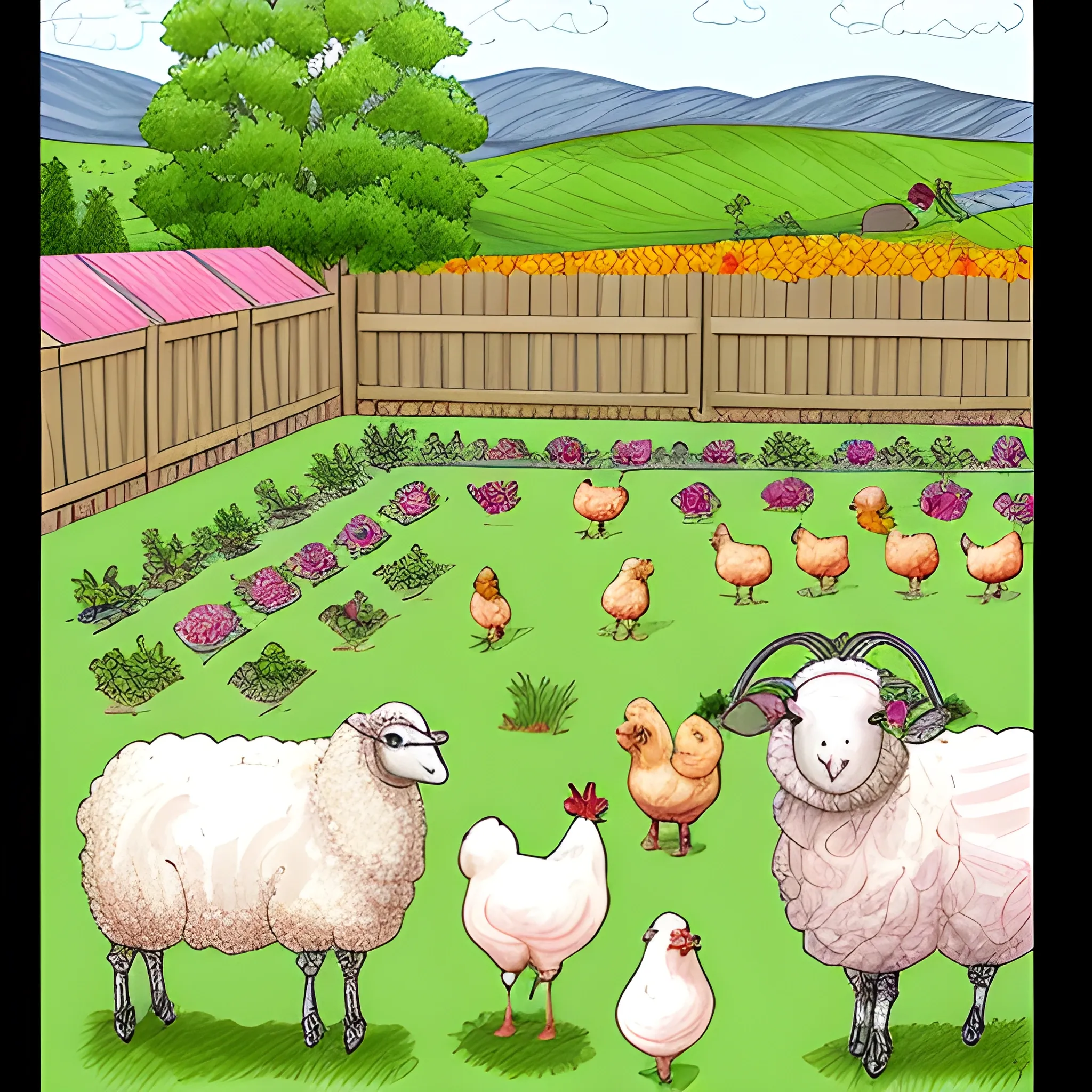 sketch a fruitgarden with sheep and chickens on pasture