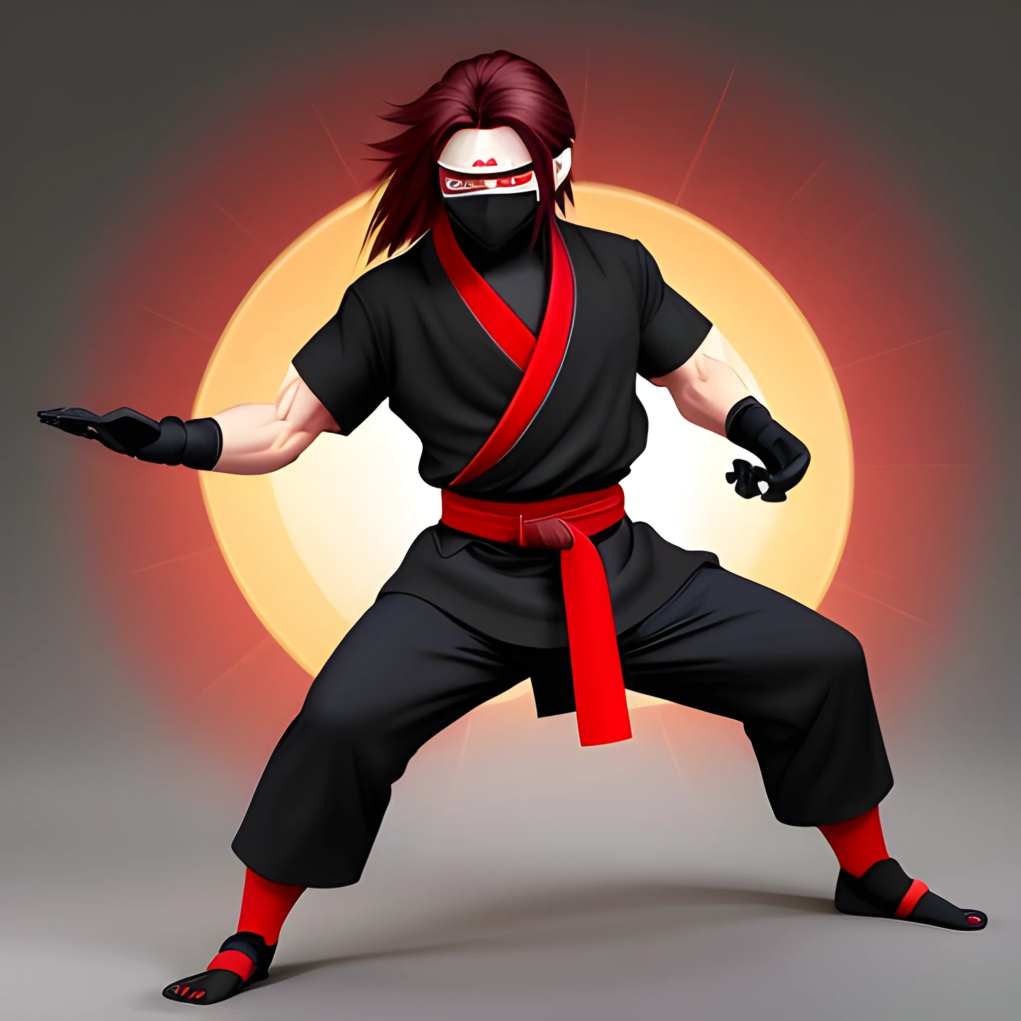 wears a black, short-sleeved ninjutsu uniform with red reflections, a large dark red scarf with a green swirl pattern, and a thick dark blue belt with a golden cord held on the front. Olive tan skin male with dark red long hair follow by legs are outfitted with thick, baggy pants with a thin cut on both of his thighs, and he wears a pair of red zōri on his feet with black socks. he is equipped with long black palmless gloves that have openings for his middle and index fingers includes a mask that cover most of his face. , 3D, Cartoon, 3D