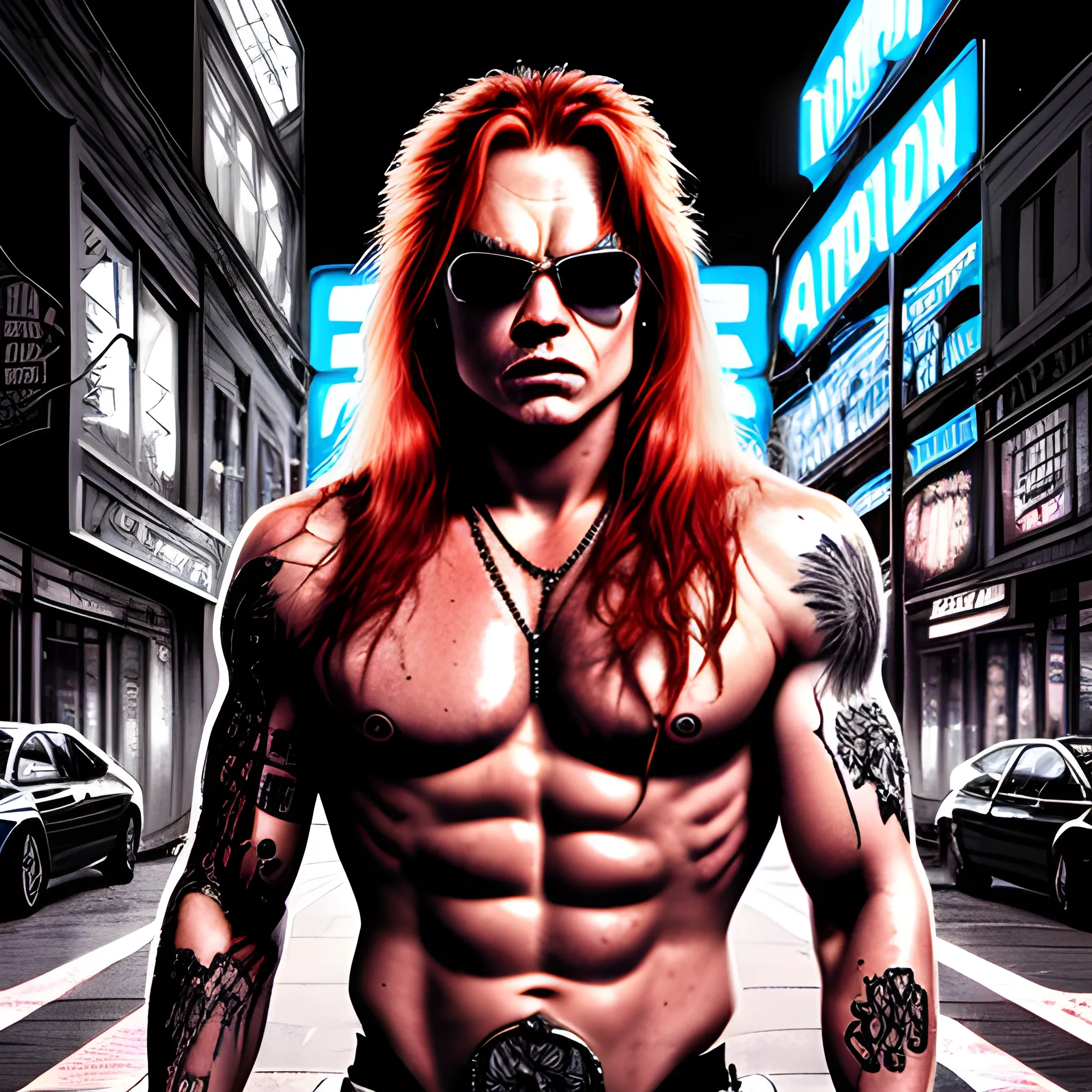 Axl Rose, terminator, long red hair, chiseled, handsome highly d ...