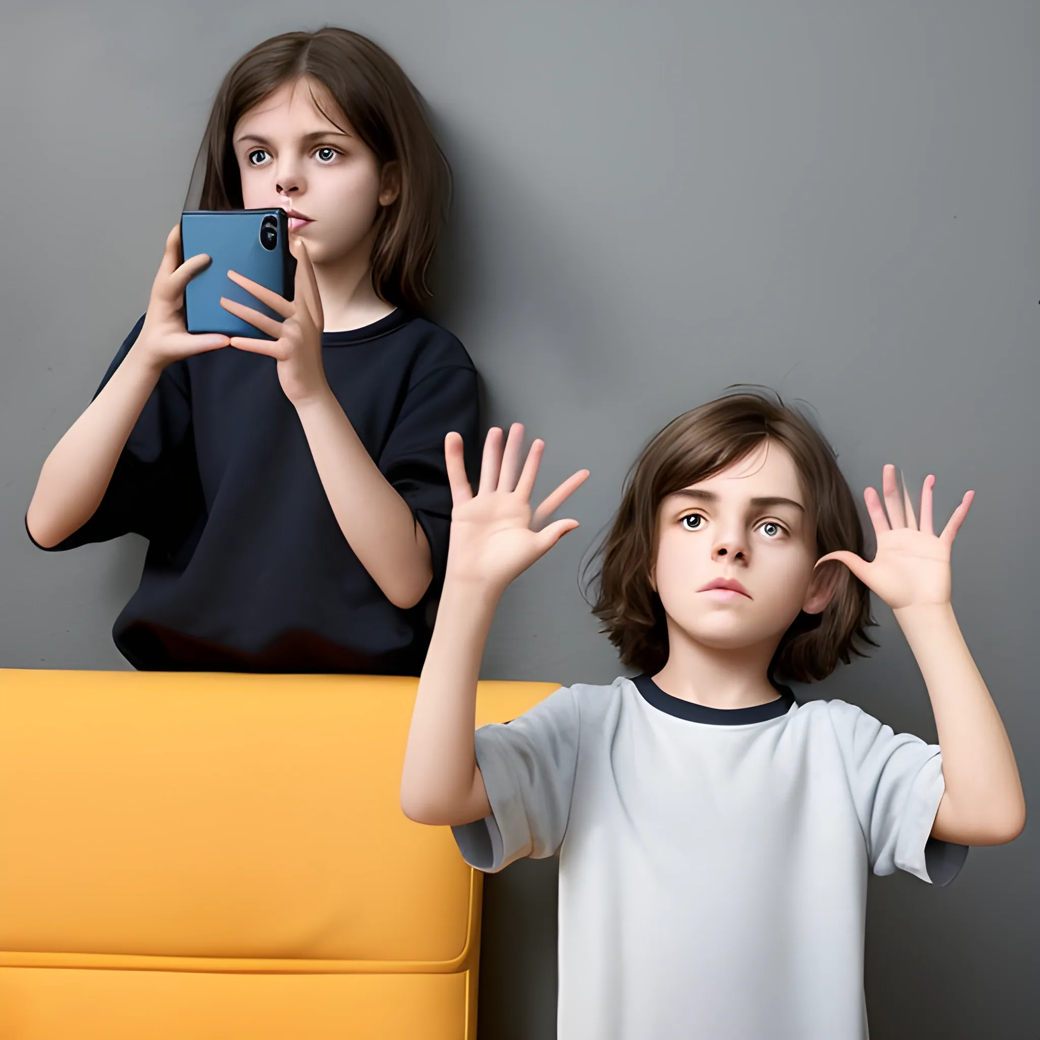 1girl, 1boy, simple background, wall on background, steep angle, guy trying to take the phone away, 
AND 1girl, hands above your head, girl hold phone over head, disgruntled face, tracksuit, ((standing away))
AND 1boy, sitting on the couch, hands up, trying to reach, dark hair, waving his hands