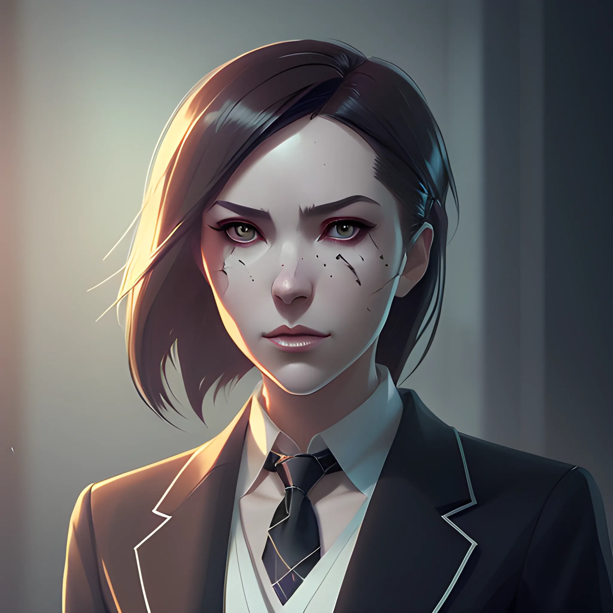 arcane style, Posh girl wearing an open blazer, tie, detailed portrait, cell shaded, 4 k, concept art, by wlop, ilya kuvshinov, artgerm, krenz cushart, greg rutkowski, pixiv. cinematic dramatic atmosphere, sharp focus, volumetric lighting, cinematic lighting, studio quality