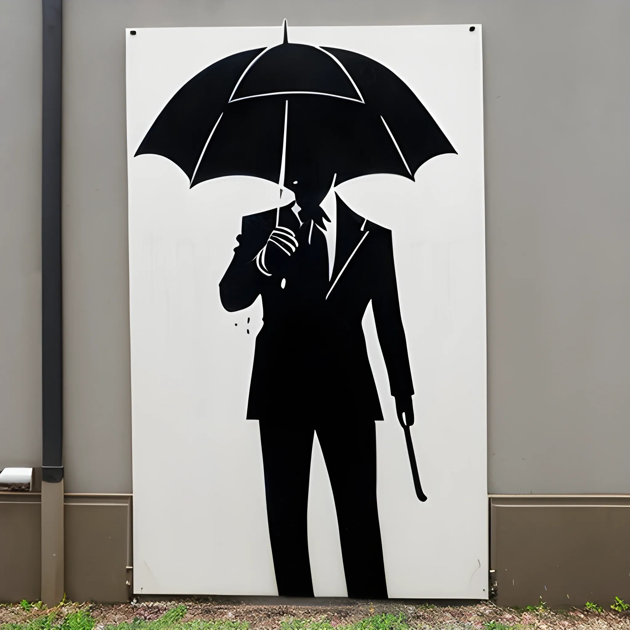 stencil image, street art man with umbrella