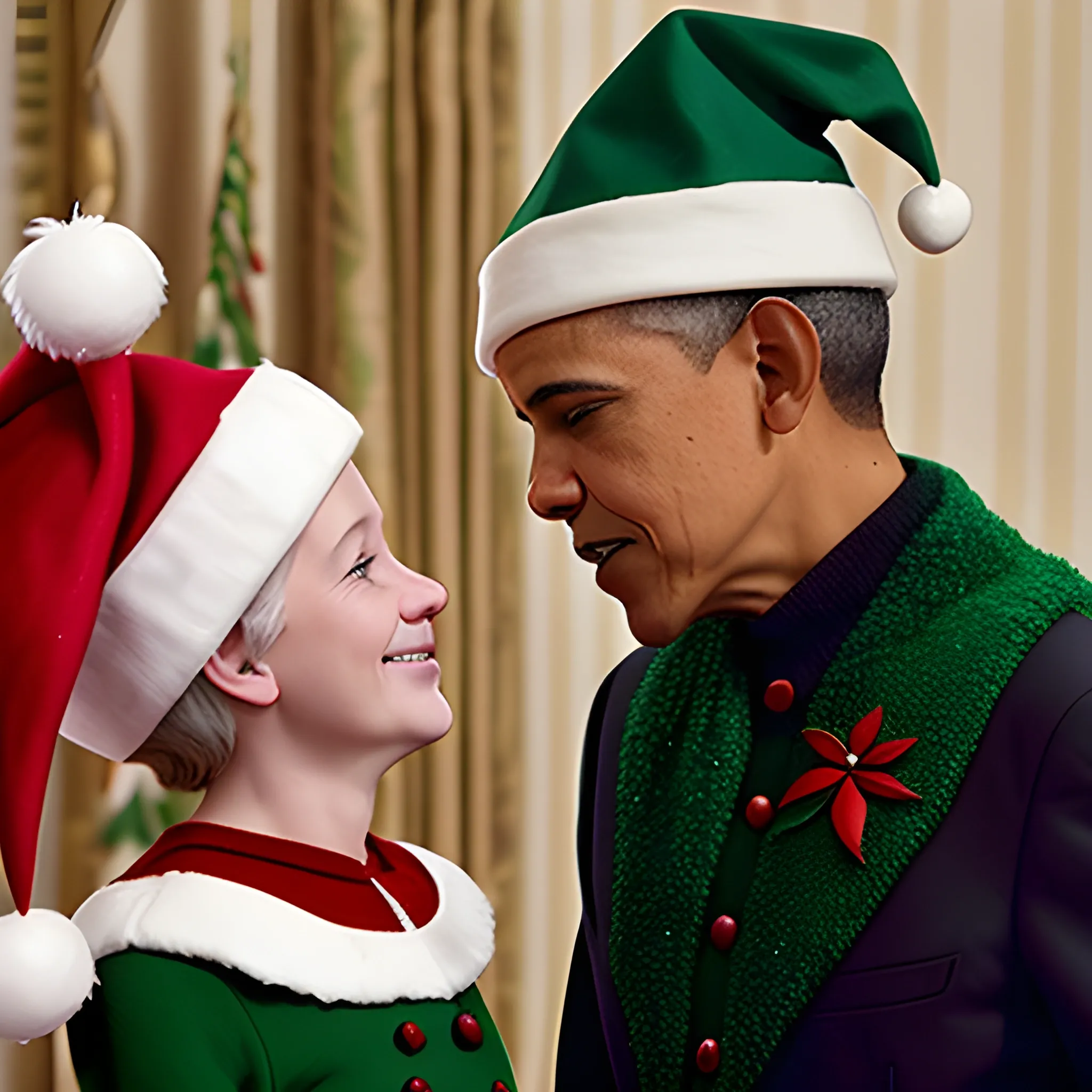 former president Obama talking to a Christmas Elf