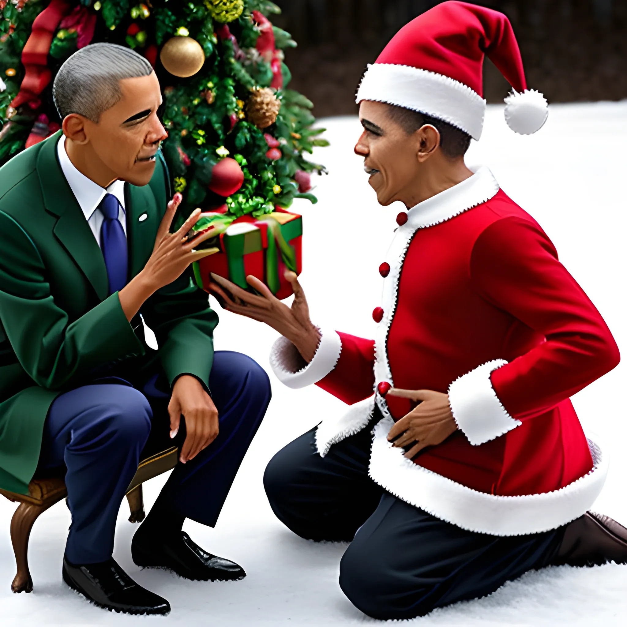 former president Obama talking to a Christmas Elf