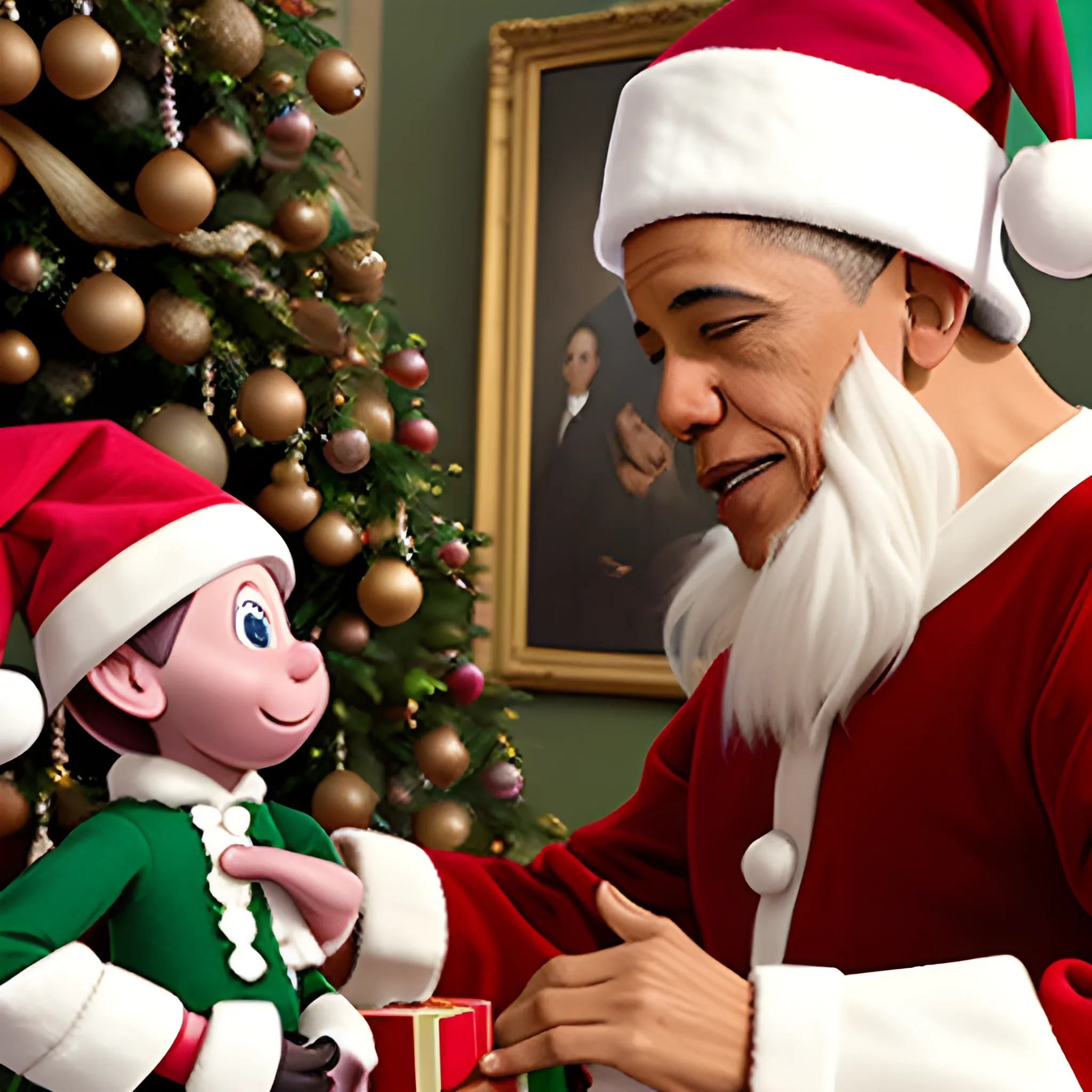 former president Obama talking to a Christmas Elf, Cartoon