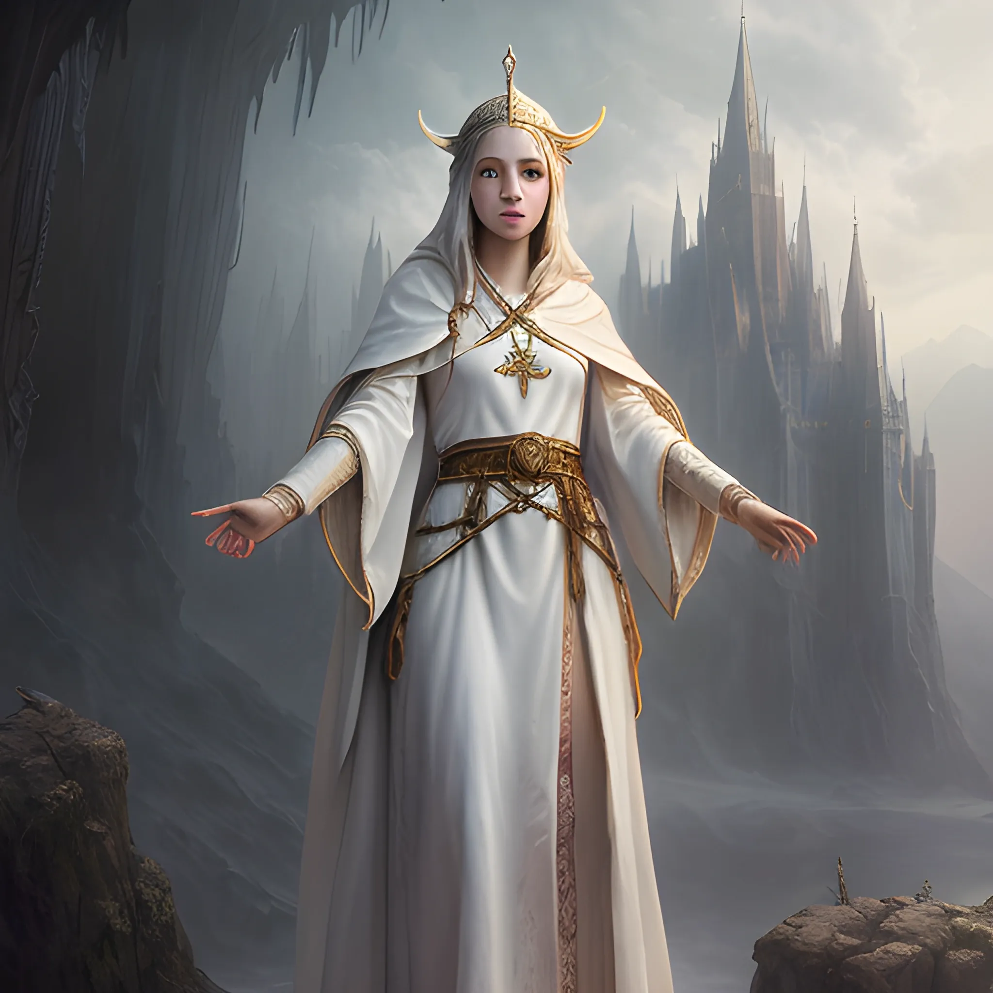 young priestess in white robe, high fantasy, high resolution, high quality, photorealistic, hyperealistic, detailed, detailed matte painting, deep color, fantastical, intricate detail, splash screen, complementary colors, fantasy concept art,