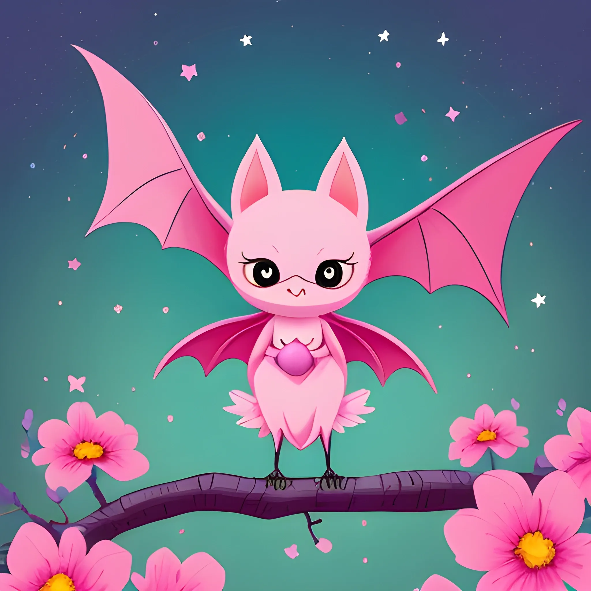 Create a playful scene featuring a cute, pink bat character with large expressive eyes and bat wings. This character is cheerful and curious, surrounded by a whimsical landscape filled with colorful flowers and twinkling stars. The character is playfully perched on a branch, looking ready for adventure. Use vibrant colors and a cartoonish style to enhance the fun and magical atmosphere.