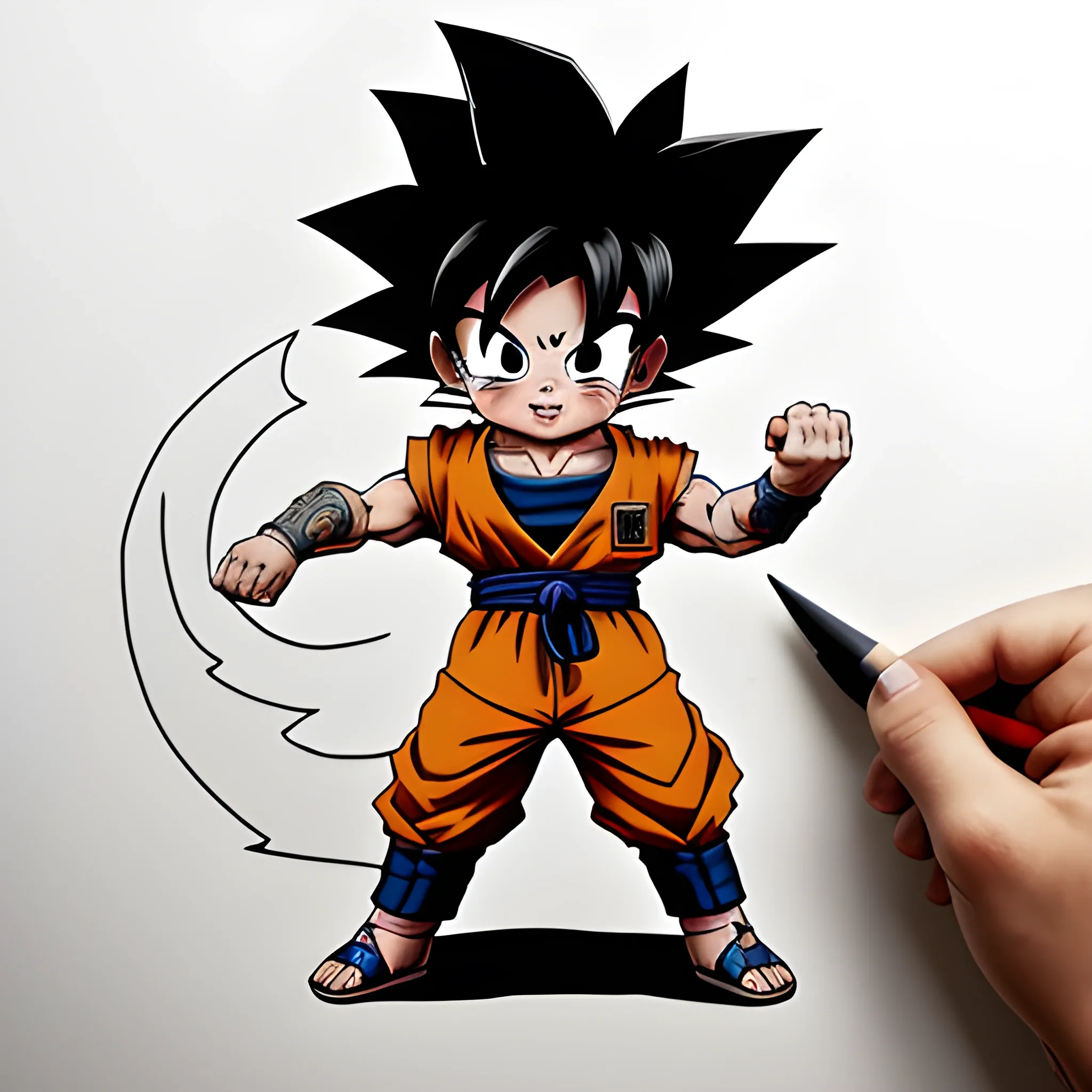 hazme un dibujo para un tatuaje con una imagen de Son Goku. Hazme una cronologia del personaje desde pequeño hasta la ultima transformacion y de fondo eldragon magico